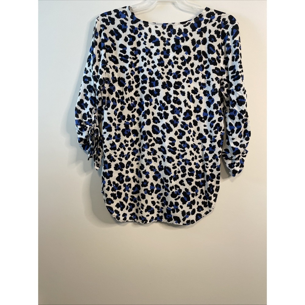 Grand & Greene Large Blue Leopard Print Rayon Top 3/4 Sleeve Boho Blouse - Picture 9 of 15